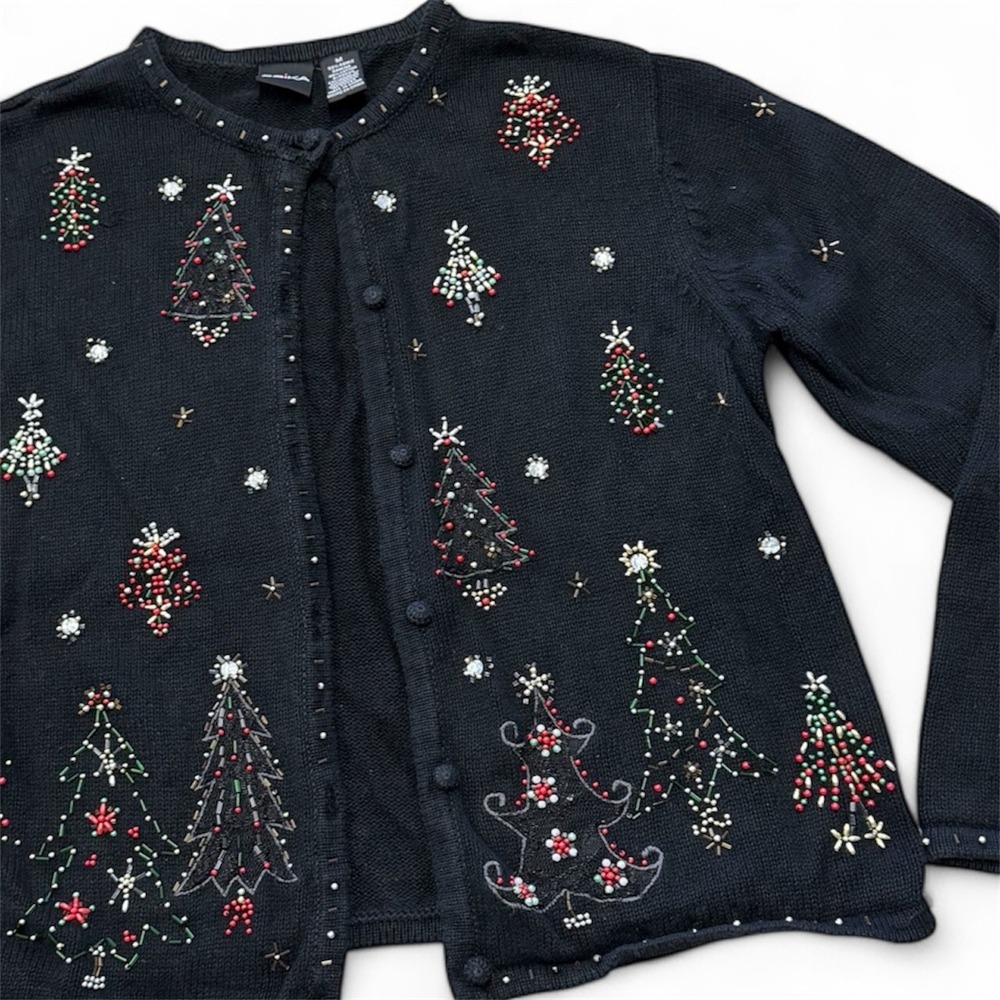 Erika Women's‎ Black Beaded Christmas Tree Cardigan Size M Ugly Sweater
